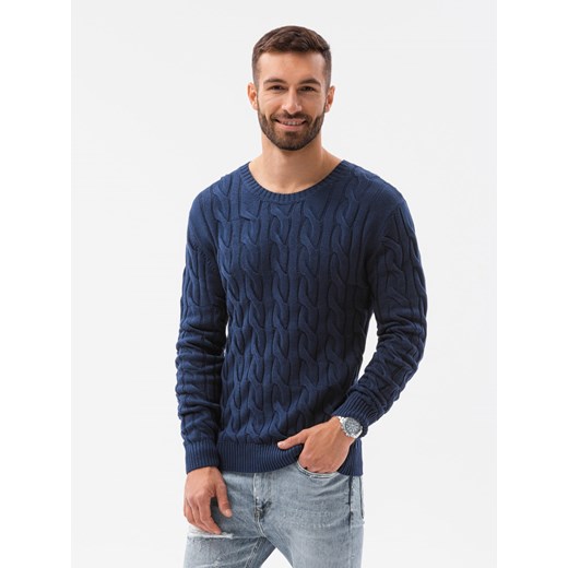 Sweter męski z warkoczowym splotem - ciemnoniebieski V2 E195 S ombre okazyjna cena