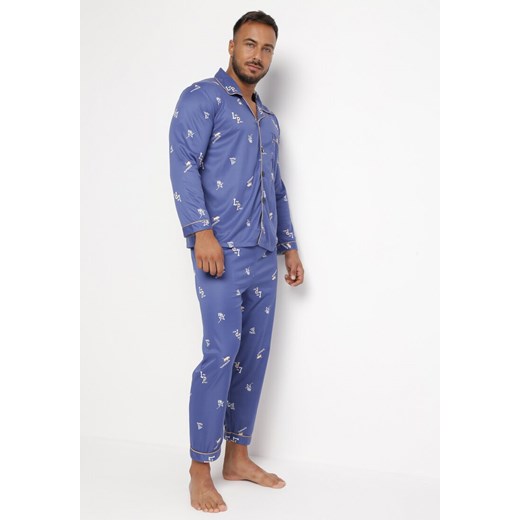 Niebieska Bawełniana Piżama 2-częściowa z Koszulą i Spodniami Lallitte ze sklepu Born2be Odzież w kategorii Piżamy męskie - zdjęcie 161962598