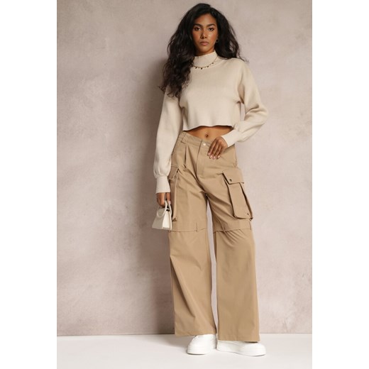 Beżowe Szerokie Spodnie High Waist w Stylu Cargo Vomisal ze sklepu Renee odzież w kategorii Spodnie damskie - zdjęcie 161962997