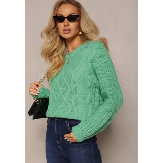 Zielony Sweter z Długim Rękawem i Ozdobnym Splotem Porafio ze sklepu Renee odzież w kategorii Swetry damskie - zdjęcie 161963176