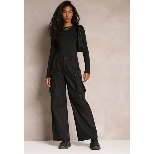 Czarne Szerokie Spodnie High Waist w Stylu Cargo Vomisal ze sklepu Renee odzież w kategorii Spodnie damskie - zdjęcie 161996268
