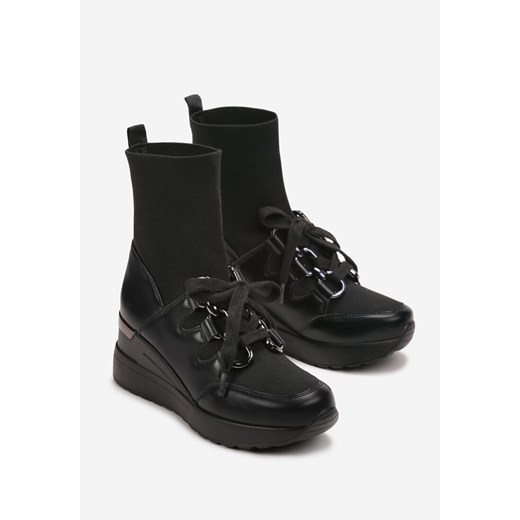 Czarne Botki na Koturnie ze Skarpetkową Cholewką Neste 39 wyprzedaż born2be.pl