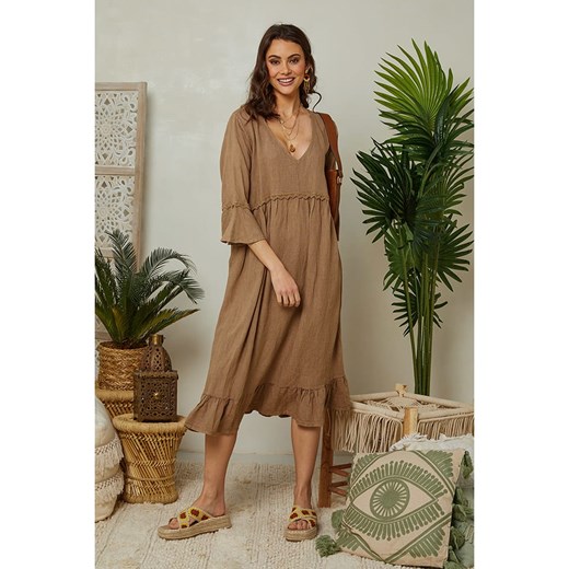 Lin Passion Lniana sukienka w kolorze karmelowym Lin Passion 40/42 okazyjna cena Limango Polska