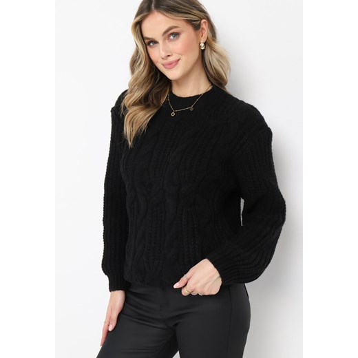 Czarny Sweter w Ozdobny Splot Rulda ze sklepu Born2be Odzież w kategorii Swetry damskie - zdjęcie 162020347