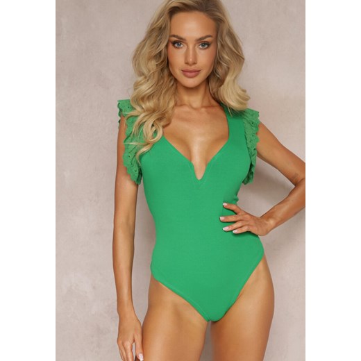 Zielone Body z Wycięciem i Falbankami z Haftem Eshawn ze sklepu Renee odzież w kategorii Bluzki damskie - zdjęcie 162025359