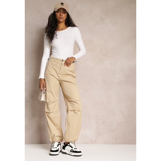 Beżowe Szerokie Spodnie ze Stoperami i Marszczoną Talią Nirli ze sklepu Renee odzież w kategorii Spodnie damskie - zdjęcie 162025369