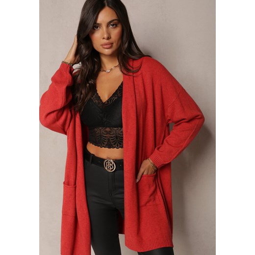 Czerwony Niezapinany Kardigan z Długim Rękawem i Kieszeniami Legatto ze sklepu Renee odzież w kategorii Swetry damskie - zdjęcie 162047855