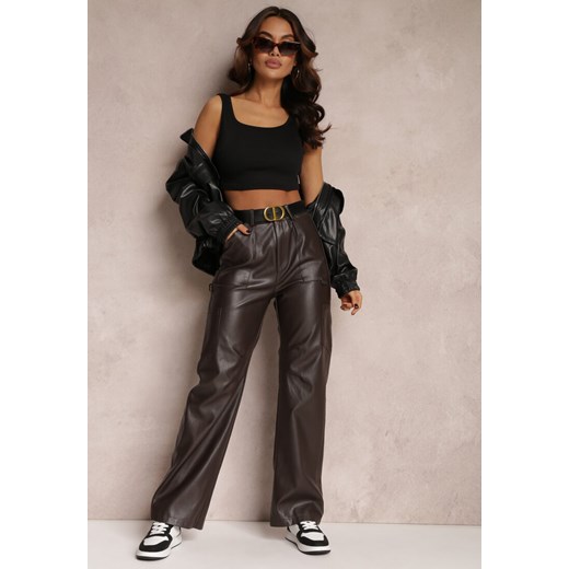 Ciemnobrązowe Spodnie z Imitacji Skóry Szerokie Narash ze sklepu Renee odzież w kategorii Spodnie damskie - zdjęcie 162065957