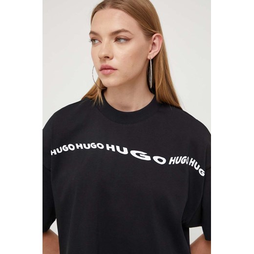 Bluzka damska Hugo Boss czarna z napisami bawełniana z krótkim rękawem 