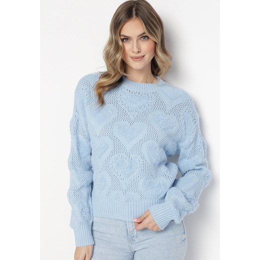 Jasnoniebieski Sweter w Serca o Klasycznym Fasonie ze Ściągaczami Biriet ze sklepu Born2be Odzież w kategorii Swetry damskie - zdjęcie 162125269