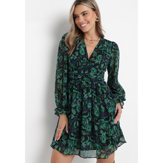 Zielono-Czarna Sukienka Mini z Kopertowym Dekoltem Elandra ze sklepu Born2be Odzież w kategorii Sukienki - zdjęcie 162125547