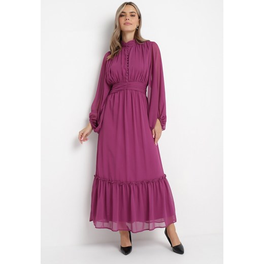 Fioletowa Rozkloszowana Sukienka Maxi z Falbanką Kamiva ze sklepu Born2be Odzież w kategorii Sukienki - zdjęcie 162125588