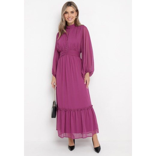 Sukienka Born2be z okrągłym dekoltem rozkloszowana casual z długimi rękawami 