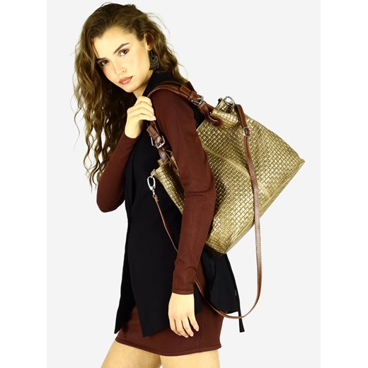 Modna torebka damska skórzany koszyk MARCO MAZZINI - Carina Treccia beż taupe Genuine Leather uniwersalny Verostilo promocja