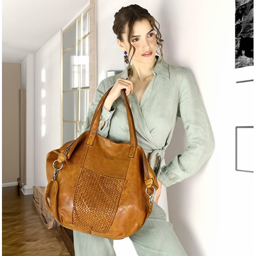 Torba damska skórzana shopper z kieszeniami - It bag MARCO MAZZINI brąz camel ze sklepu Verostilo w kategorii Torby Shopper bag - zdjęcie 162141145