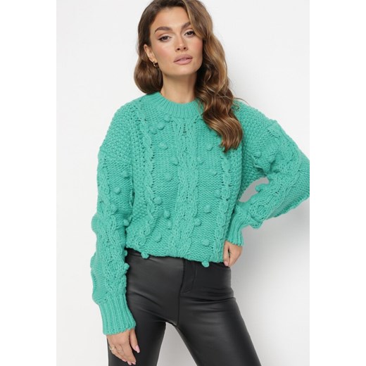 Zielony Sweter z Wełną i Bawełną Ozdobiony Grubym Splotem Numike ze sklepu Born2be Odzież w kategorii Swetry damskie - zdjęcie 162142167