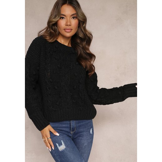 Czarny Grubo Pleciony Sweter z Wełną i Bawełną Bavime ze sklepu Renee odzież w kategorii Swetry damskie - zdjęcie 162235788