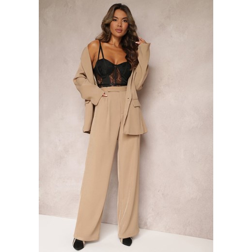Ciemnobeżowe Szerokie Spodnie z Zapięciem na Haczyk Brutris ze sklepu Renee odzież w kategorii Spodnie damskie - zdjęcie 162236157