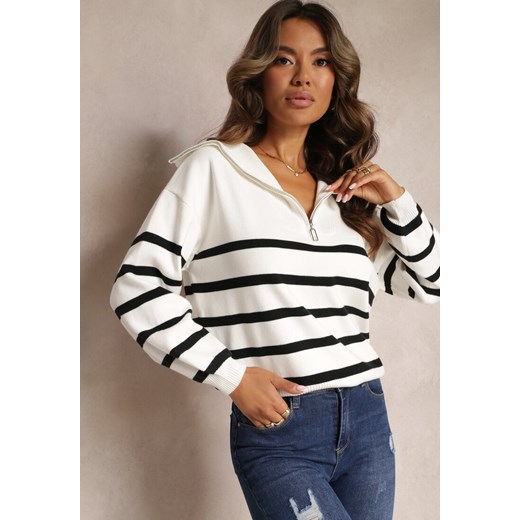 Biały Golf Sweter ze Ściągaczami w Paski Zapinany na Suwak Likatte ze sklepu Renee odzież w kategorii Swetry damskie - zdjęcie 162236237
