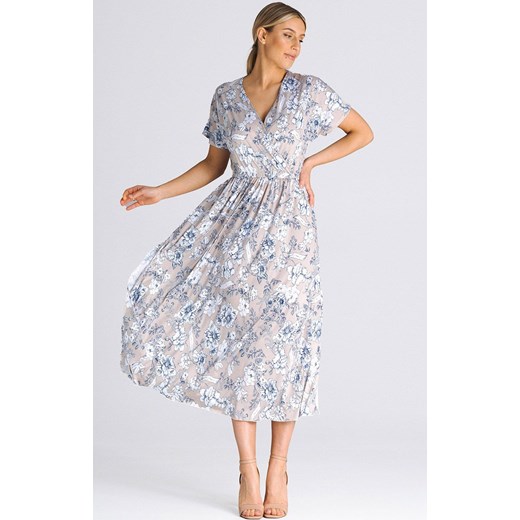 Sukienka długa z kopertową górą w kwiaty M935/154, Kolor beżowy-wzór, Rozmiar L/XL, Figl ze sklepu Primodo w kategorii Sukienki - zdjęcie 162313597