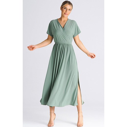Sukienka długa z kopertową górą oliwkowa M935, Kolor oliwkowy, Rozmiar L/XL, Figl ze sklepu Primodo w kategorii Sukienki - zdjęcie 162313608