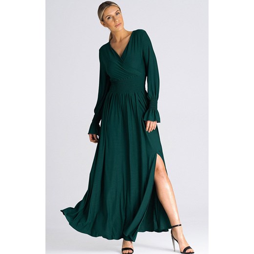 Sukienka Fokus maxi elegancka z długim rękawem kopertowa w serek