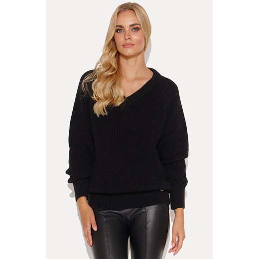 Sweter oversize z dekoltem w serek czarny S140, Kolor czarny, Rozmiar one size, Makadamia ze sklepu Primodo w kategorii Swetry damskie - zdjęcie 162313816