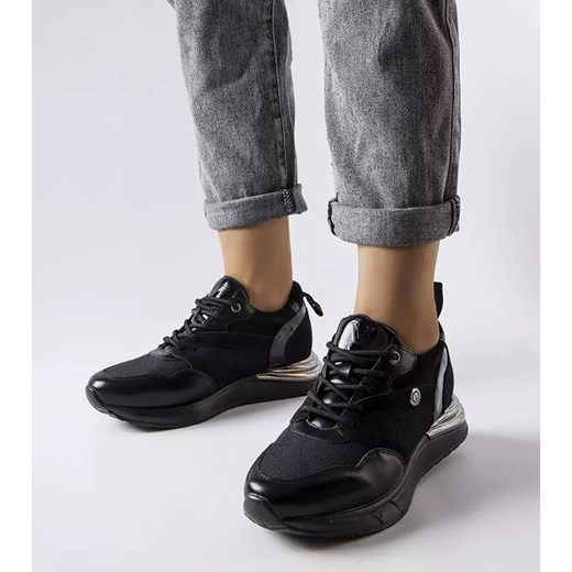 Buty sportowe damskie sneakersy czarne sznurowane na płaskiej podeszwie 