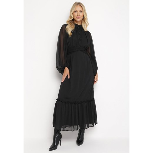 Czarna Rozkloszowana Sukienka Maxi z Falbanką Kamiva ze sklepu Born2be Odzież w kategorii Sukienki - zdjęcie 162346547