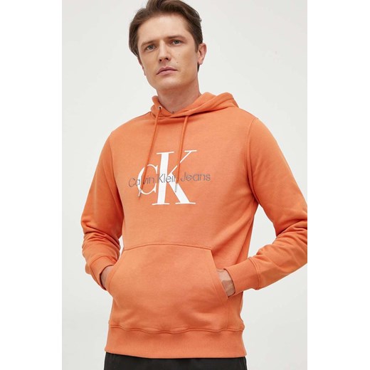 Calvin Klein Jeans bluza bawełniana męska kolor pomarańczowy z kapturem ze sklepu ANSWEAR.com w kategorii Bluzy męskie - zdjęcie 162346688