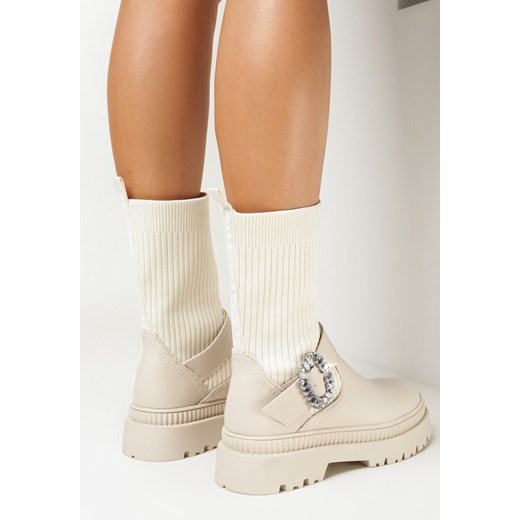 Beżowe Wsuwane Botki Workery z Kryształkami i Elastyczną Cholewką z Dzianiny 39 wyprzedaż born2be.pl