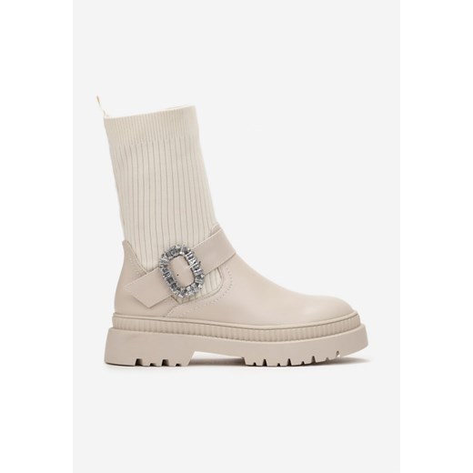 Beżowe Wsuwane Botki Workery z Kryształkami i Elastyczną Cholewką z Dzianiny 37 wyprzedaż born2be.pl