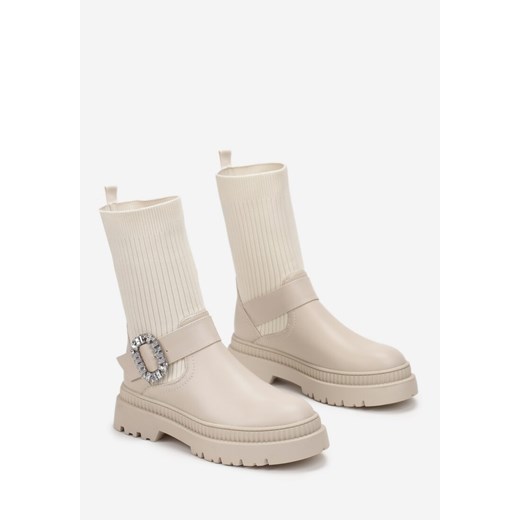 Beżowe Wsuwane Botki Workery z Kryształkami i Elastyczną Cholewką z Dzianiny 38 okazja born2be.pl