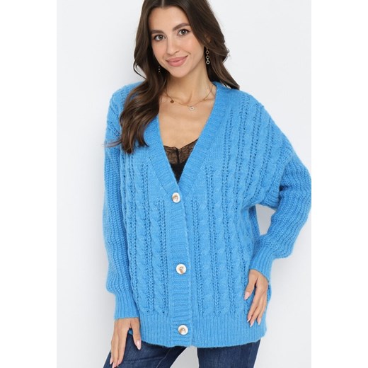 Niebieski Kardigan na Guziki w Warkoczykowy Splot Imenfa ze sklepu Born2be Odzież w kategorii Swetry damskie - zdjęcie 162355159