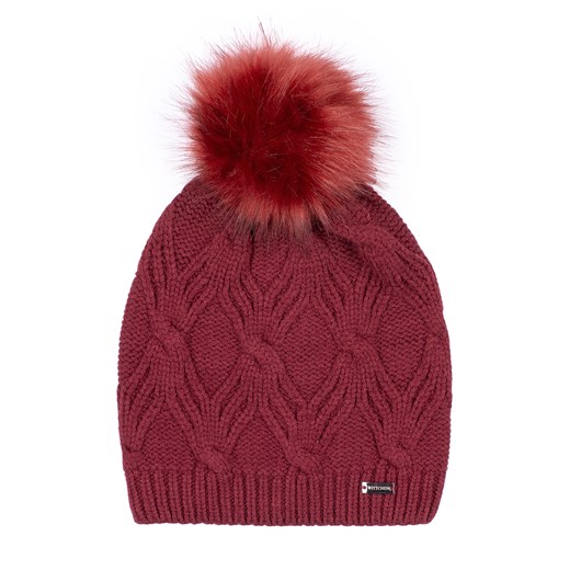 Damska czapka z ozdobnym wzorem i pomponem bordowa ze sklepu WITTCHEN w kategorii Czapki zimowe damskie - zdjęcie 162356105