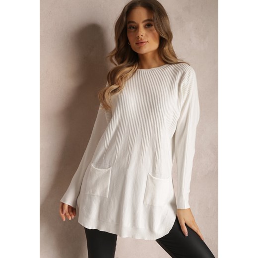 Biały Sweter z Naszytymi Kieszeniami Vezara ze sklepu Renee odzież w kategorii Swetry damskie - zdjęcie 162359245