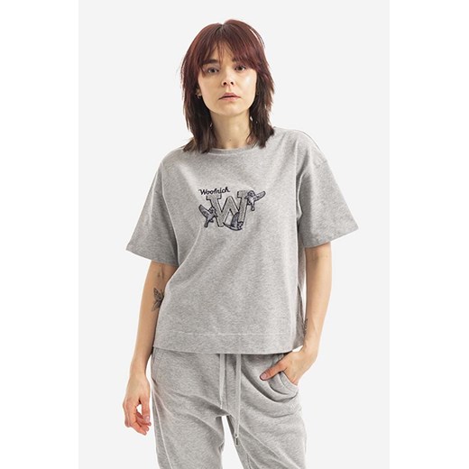 Woolrich t-shirt bawełniany GRAPHIC kolor szary CFWWTE0053FRUT2947-8041 ze sklepu PRM w kategorii Bluzki damskie - zdjęcie 162380679