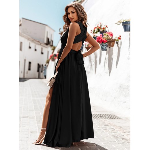 Czarna długa satynowa sukienka - różne wiązania Cissa - czarny ze sklepu pakuten.pl w kategorii Sukienki - zdjęcie 162557856