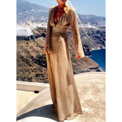 Sukienka maxi cekinowa z szerokimi rękawami i głębokim dekoltem Attirra L Attirra