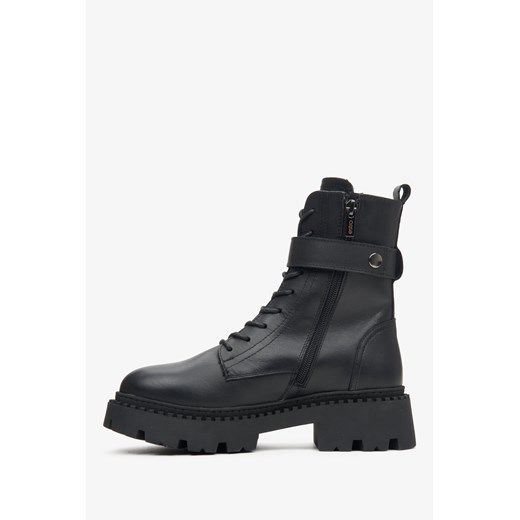 Estro: Czarne botki damskie na zimę z włoskiej skóry naturalnej z ozdobnym pasem ze sklepu Estro w kategorii Workery damskie - zdjęcie 162642195