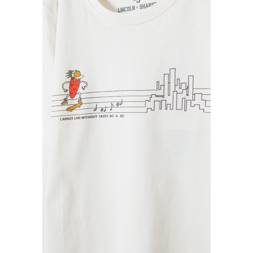 T-shirt dla chłopca bawełniany z nadrukiem ecru Lincoln & Sharks By 5.10.15. 152 5.10.15 okazja