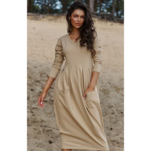 Casualowa sukienka z dzianiny dresowej piaskowa NU454, Kolor piaskowy, Rozmiar Numinou M Primodo okazyjna cena