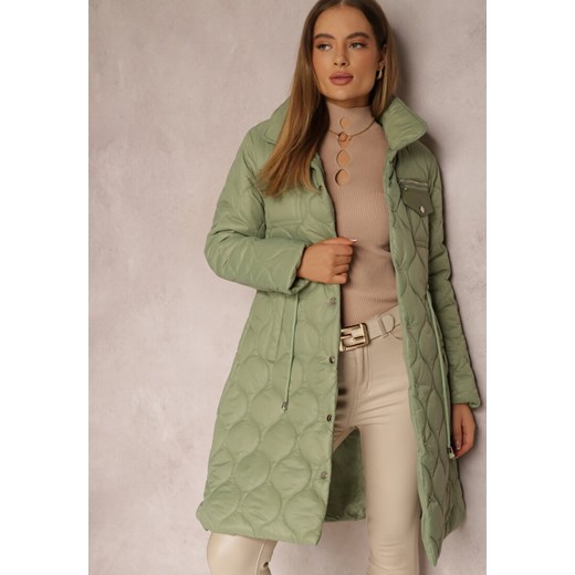 Zielona Kurtka za Kolano z Kołnierzem Pikowana Vilia ze sklepu Renee odzież w kategorii Kurtki damskie - zdjęcie 162715747