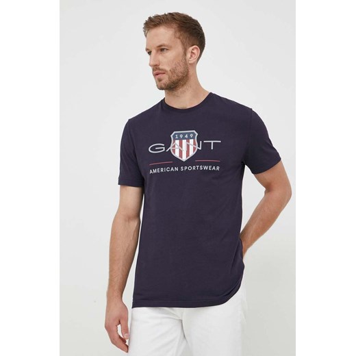 Gant t-shirt bawełniany kolor granatowy z nadrukiem ze sklepu ANSWEAR.com w kategorii T-shirty męskie - zdjęcie 162717205