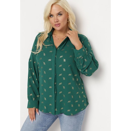 Zielona Koszula w Drobny Błyszczący Print Zapinana na Guziki Weminera ze sklepu Born2be Odzież w kategorii Koszule damskie - zdjęcie 162725578
