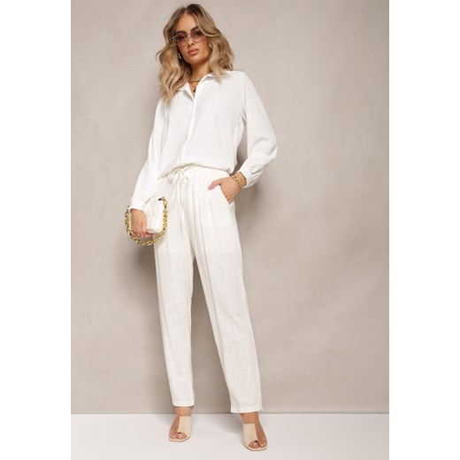 Białe Proste Spodnie Bawełniane z Gumką w Pasie Xisela ze sklepu Renee odzież w kategorii Spodnie damskie - zdjęcie 162740478