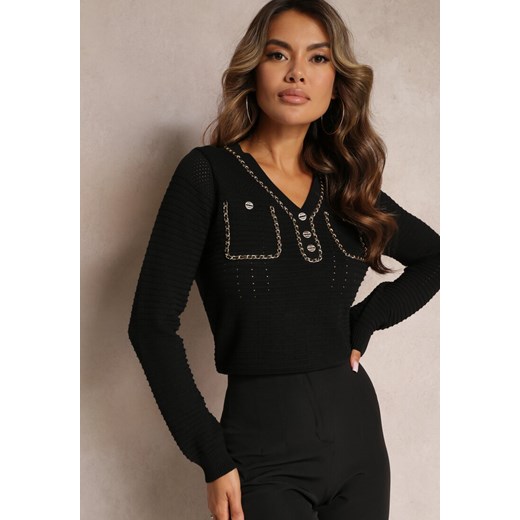 Czarny Prążkowany Sweter z Cienkim Łańcuszkiem Nacorella ze sklepu Renee odzież w kategorii Swetry damskie - zdjęcie 162740939