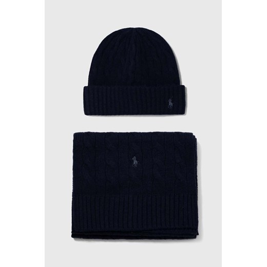 Polo Ralph Lauren czapka i szalik kaszmirowy kolor niebieski Polo Ralph Lauren ONE ANSWEAR.com