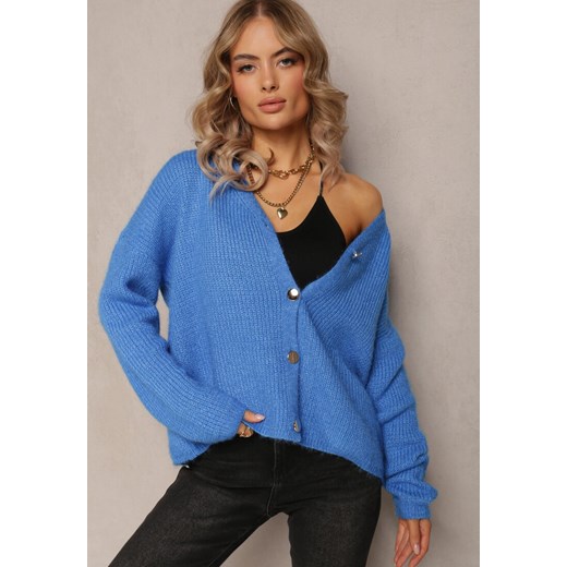 Niebieski Kardigan z Trójkątnym Dekoltem na Guziki Ozdobiony Połyskującą Nitką Sdlyla ze sklepu Renee odzież w kategorii Swetry damskie - zdjęcie 162743055
