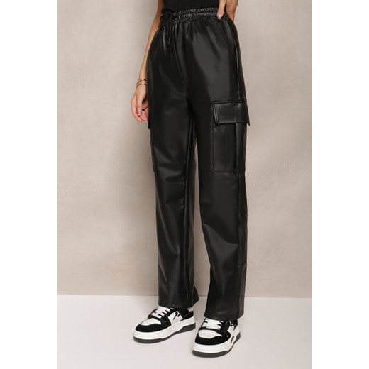 Czarne Szerokie Spodnie High Waist w Stylu Cargo z Gumką w Pasie i Kieszeniami Renee XL/XXL wyprzedaż Renee odzież